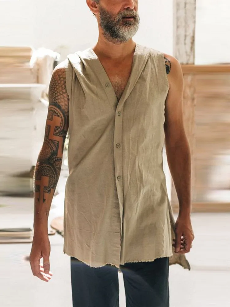 2022 Spring Summer Sleeveless Casual Vest Shirt Men Fashion Hoodie Tank Top Vintage Solid Buttoned Vest Pullover Mens Streetwear