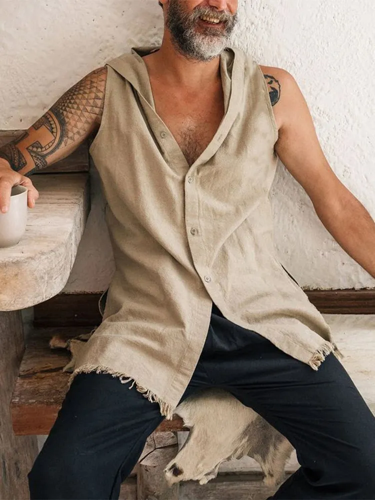 2022 Spring Summer Sleeveless Casual Vest Shirt Men Fashion Hoodie Tank Top Vintage Solid Buttoned Vest Pullover Mens Streetwear