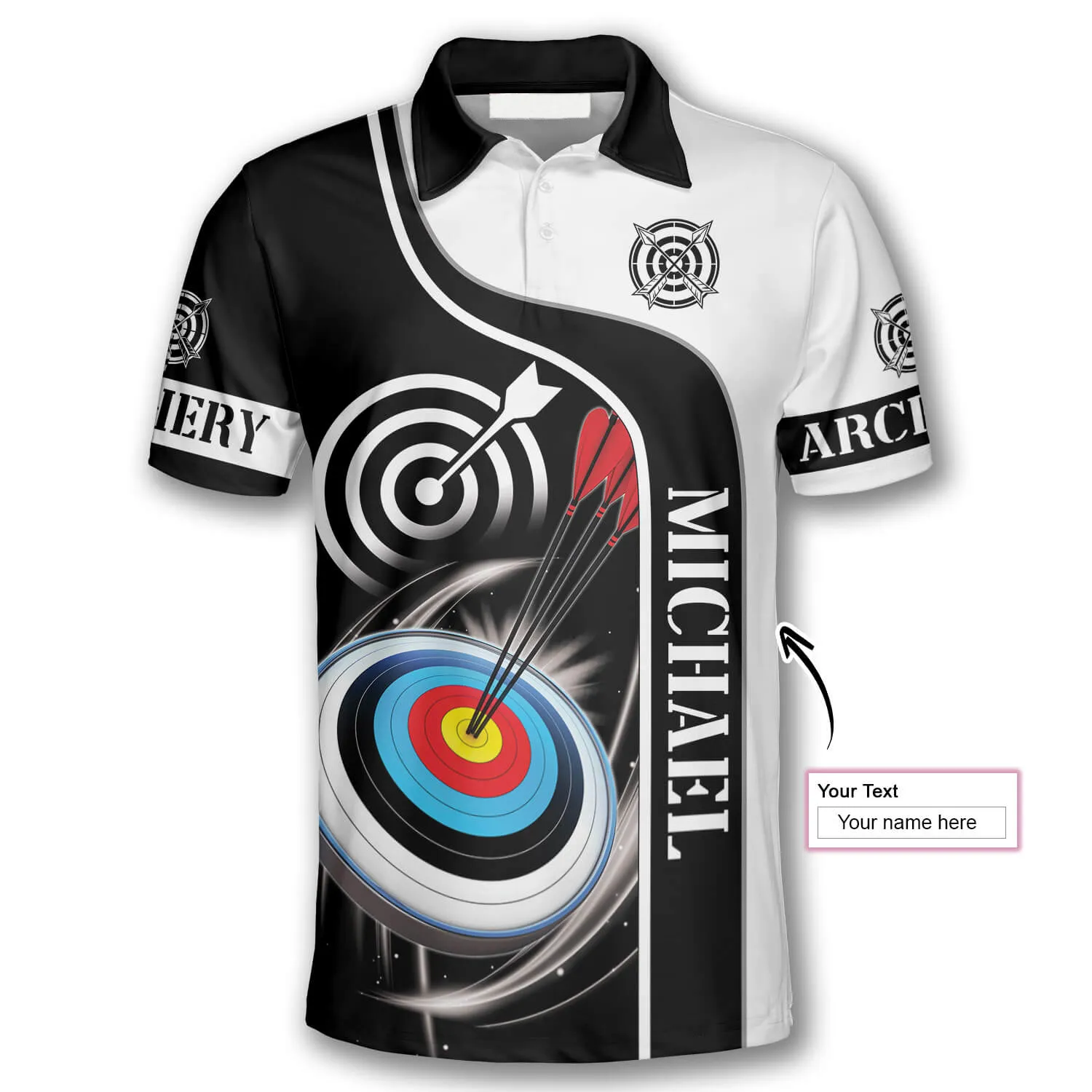 3D All Over Print Archery Targets Black White Version Custom Name Archery Polo Shirts for Men