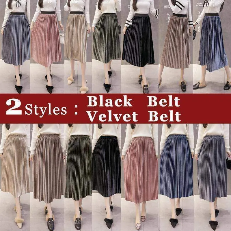 7 colors, S- XL, 2 Belt choices, Velvet Pleated Mid Calf Skirts