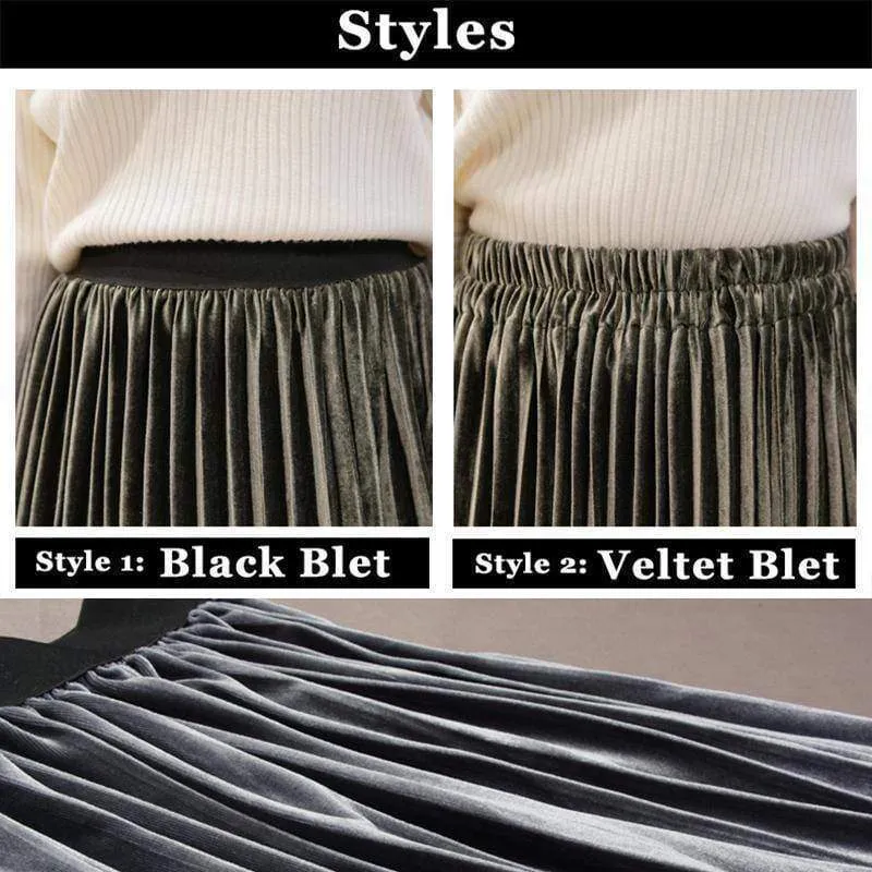 7 colors, S- XL, 2 Belt choices, Velvet Pleated Mid Calf Skirts