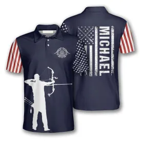 Archery Silhouette Flag Navy Blue Custom Archery Shirts for Men, Idea Gift for Archery Lover