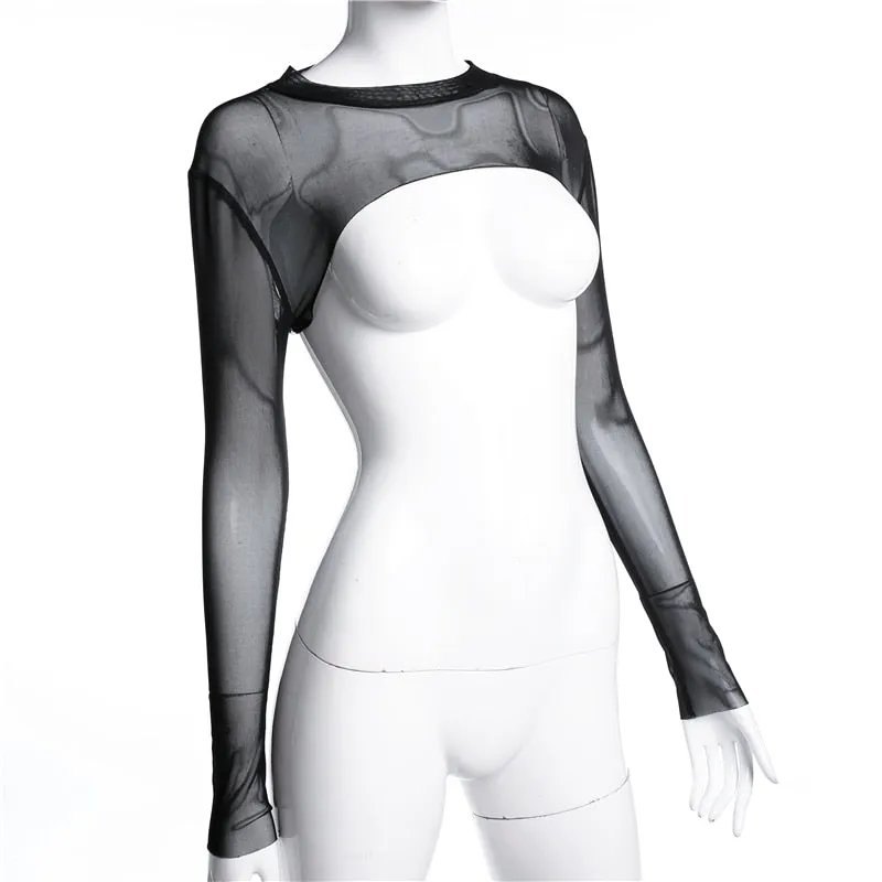 Black Mesh Crop Top Transparent Sexy See Through Long Sleeve