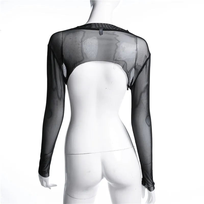 Black Mesh Crop Top Transparent Sexy See Through Long Sleeve