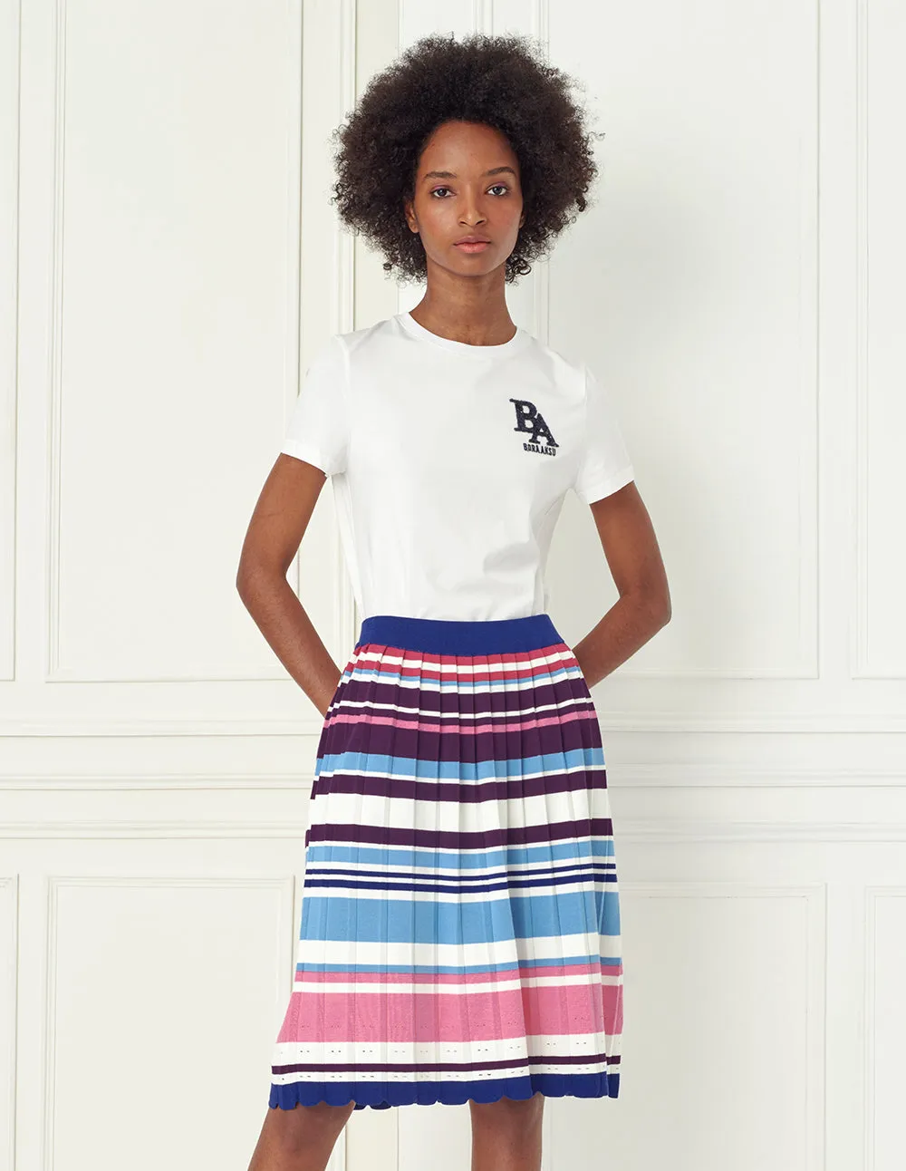 BORA AKSU Pink blues stripes pleated skirt