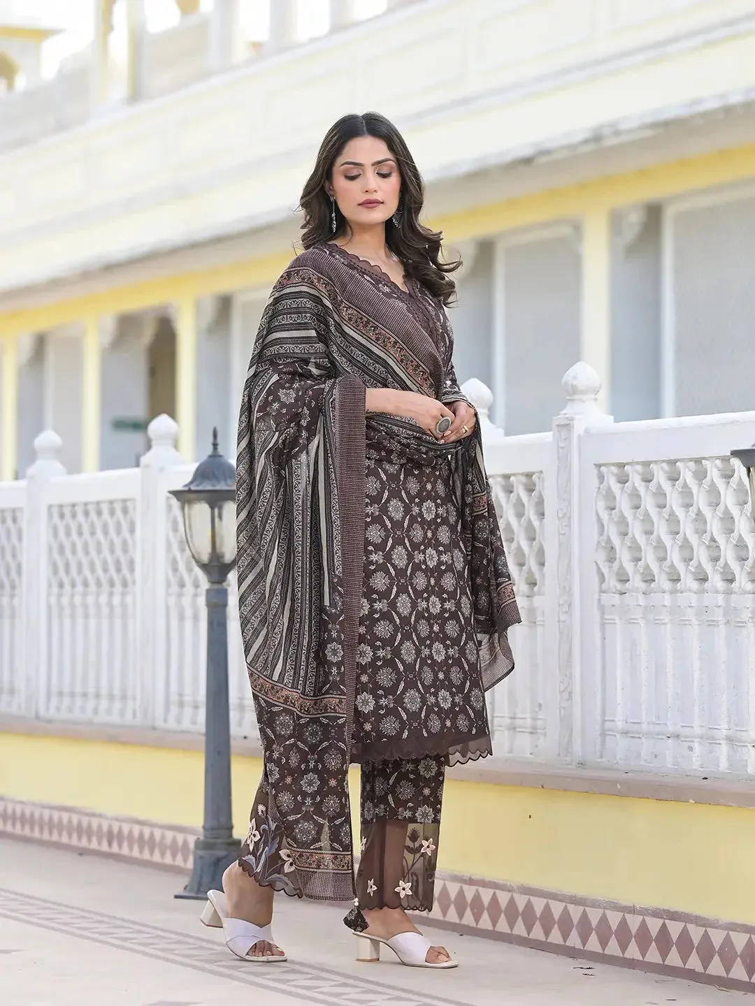 Brown Ethnic Motifs Pakistani Style Kurta Trouser And Dupatta Set