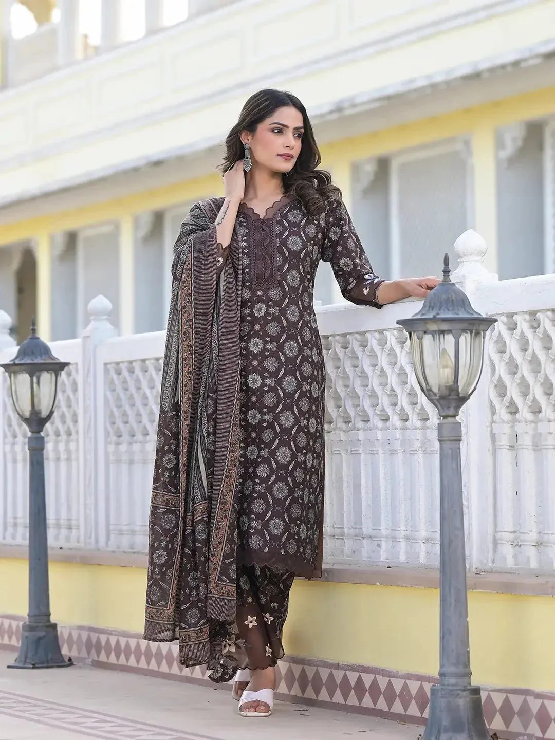 Brown Ethnic Motifs Pakistani Style Kurta Trouser And Dupatta Set