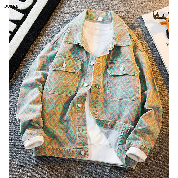 Cashew Blossom Pattern Casual Denim Long Sleeve Shirt