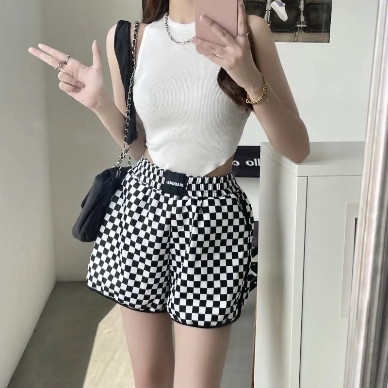 Casual Loose Fit Cotton Plaid Wide-Leg Black And White Shorts