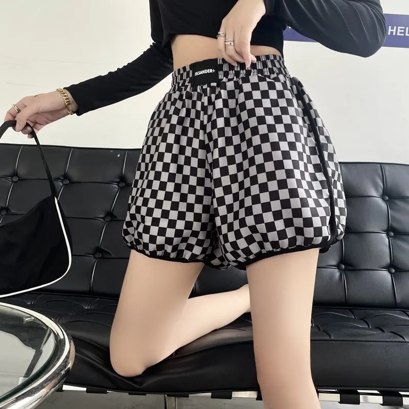 Casual Loose Fit Cotton Plaid Wide-Leg Black And White Shorts