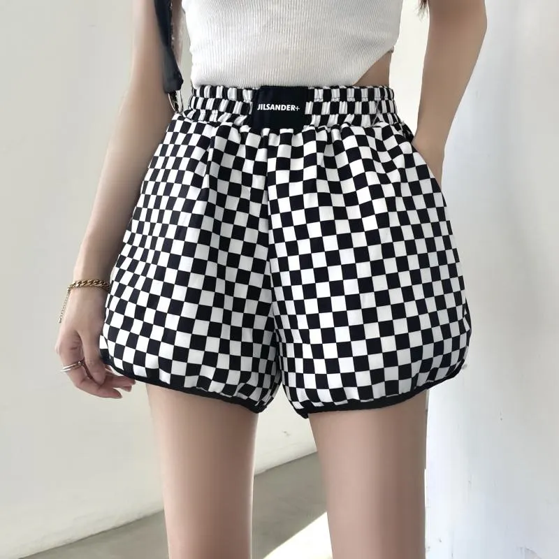 Casual Loose Fit Cotton Plaid Wide-Leg Black And White Shorts