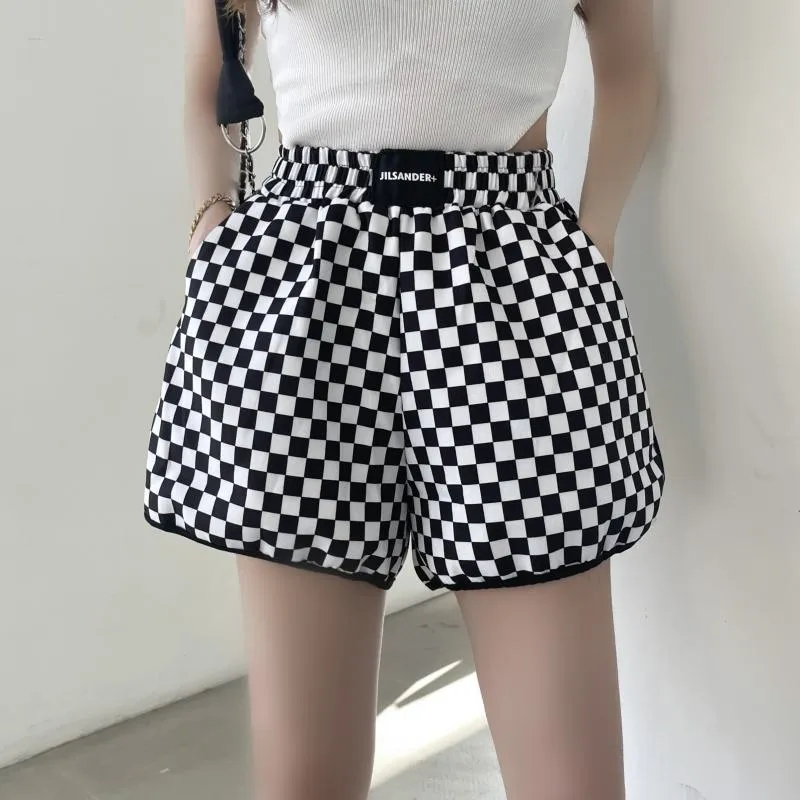 Casual Loose Fit Cotton Plaid Wide-Leg Black And White Shorts