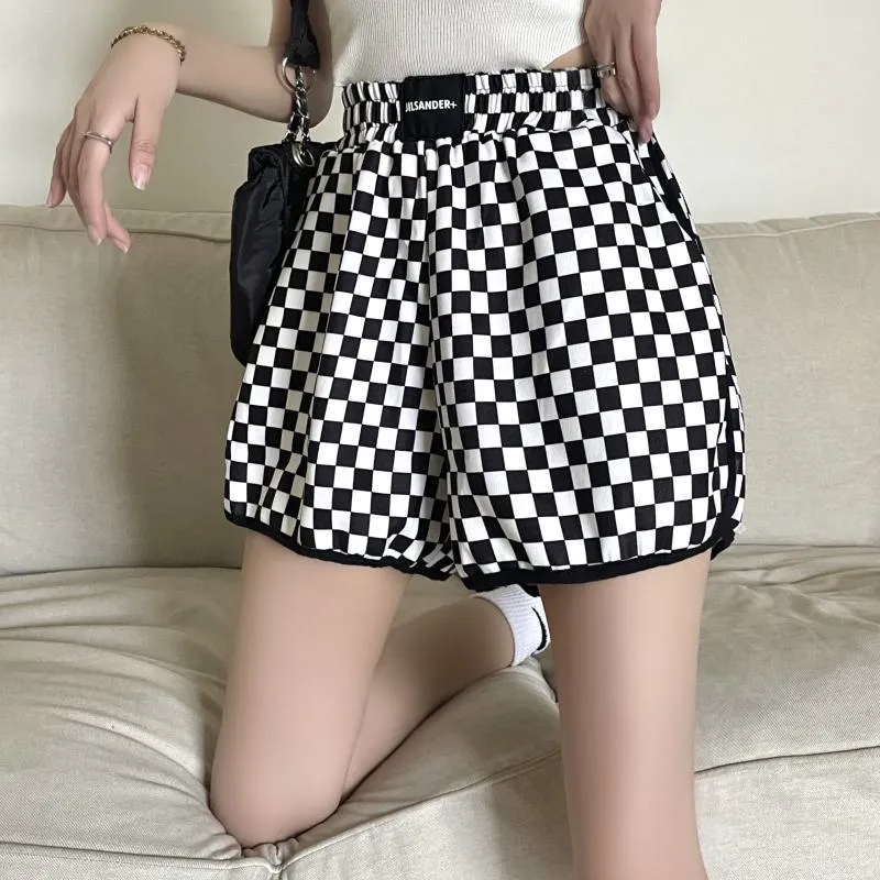 Casual Loose Fit Cotton Plaid Wide-Leg Black And White Shorts