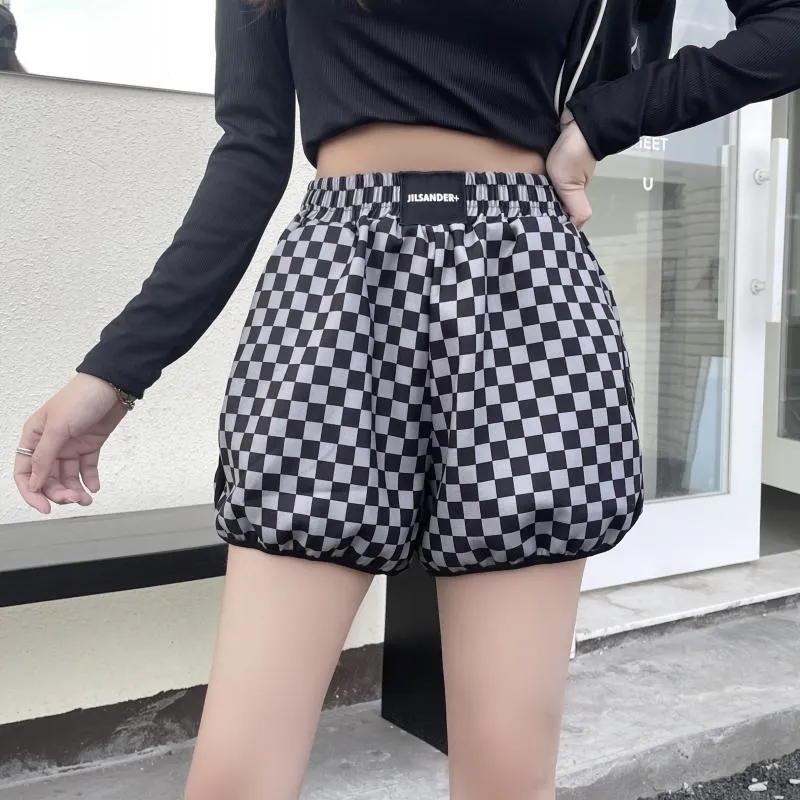 Casual Loose Fit Cotton Plaid Wide-Leg Black And White Shorts