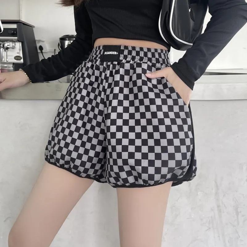 Casual Loose Fit Cotton Plaid Wide-Leg Black And White Shorts