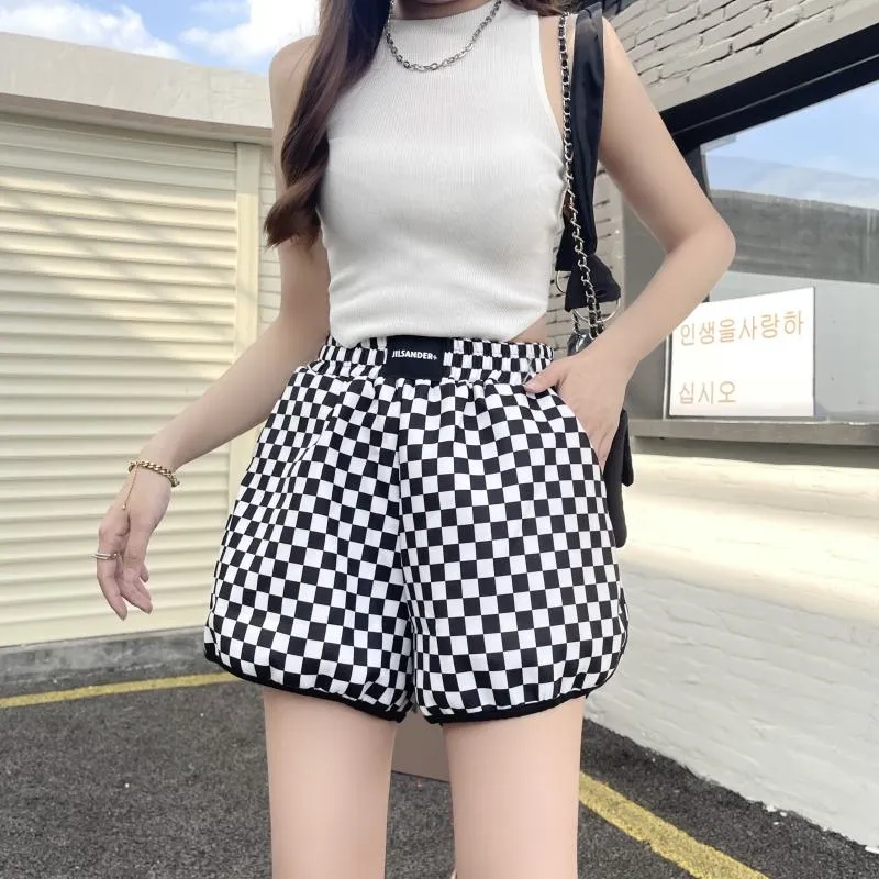 Casual Loose Fit Cotton Plaid Wide-Leg Black And White Shorts