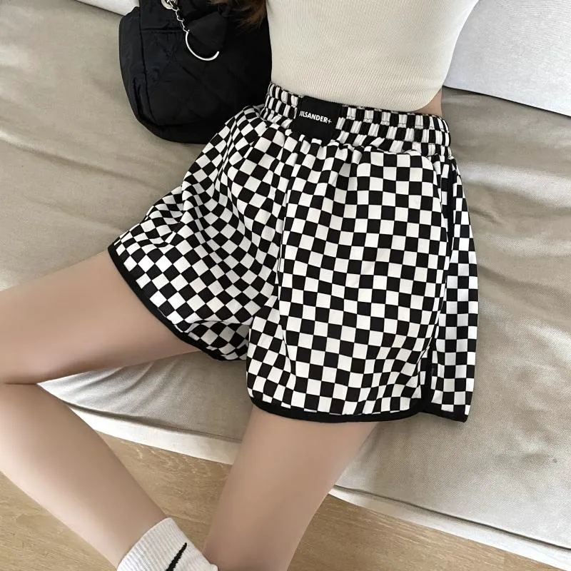 Casual Loose Fit Cotton Plaid Wide-Leg Black And White Shorts