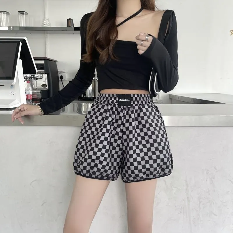 Casual Loose Fit Cotton Plaid Wide-Leg Black And White Shorts