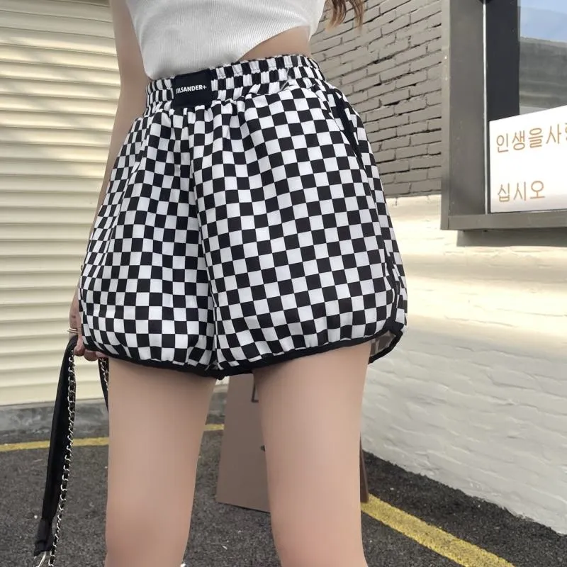 Casual Loose Fit Cotton Plaid Wide-Leg Black And White Shorts