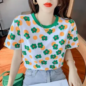 Chic Flower Trendy Round Neck Print Versatile Short Sleeve Tee