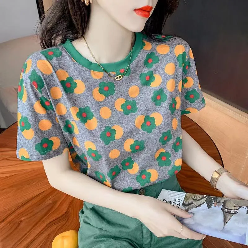 Chic Flower Trendy Round Neck Print Versatile Short Sleeve Tee