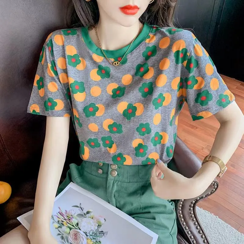 Chic Flower Trendy Round Neck Print Versatile Short Sleeve Tee