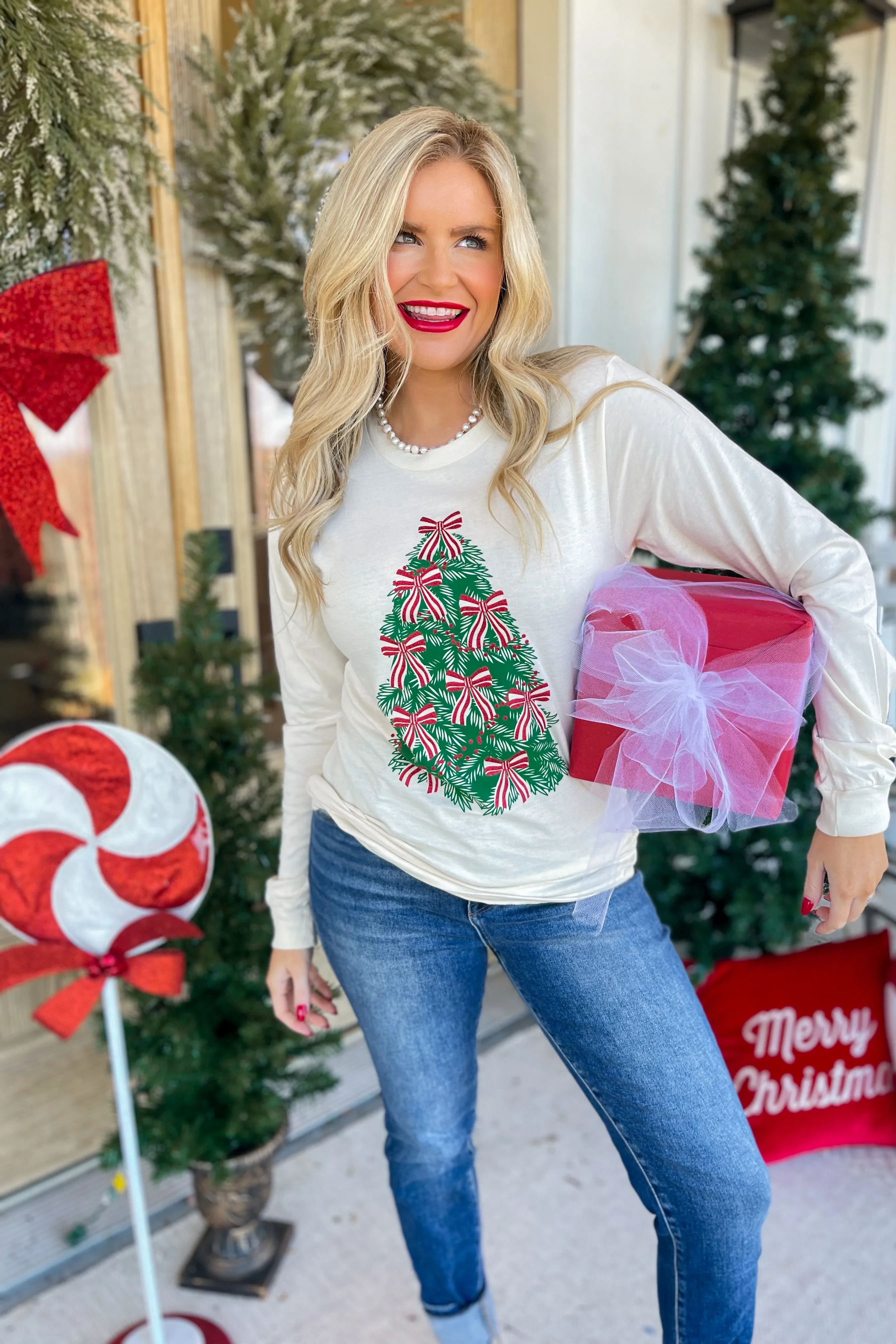 Christmas Tree Bow Long Sleeve Graphic Tee