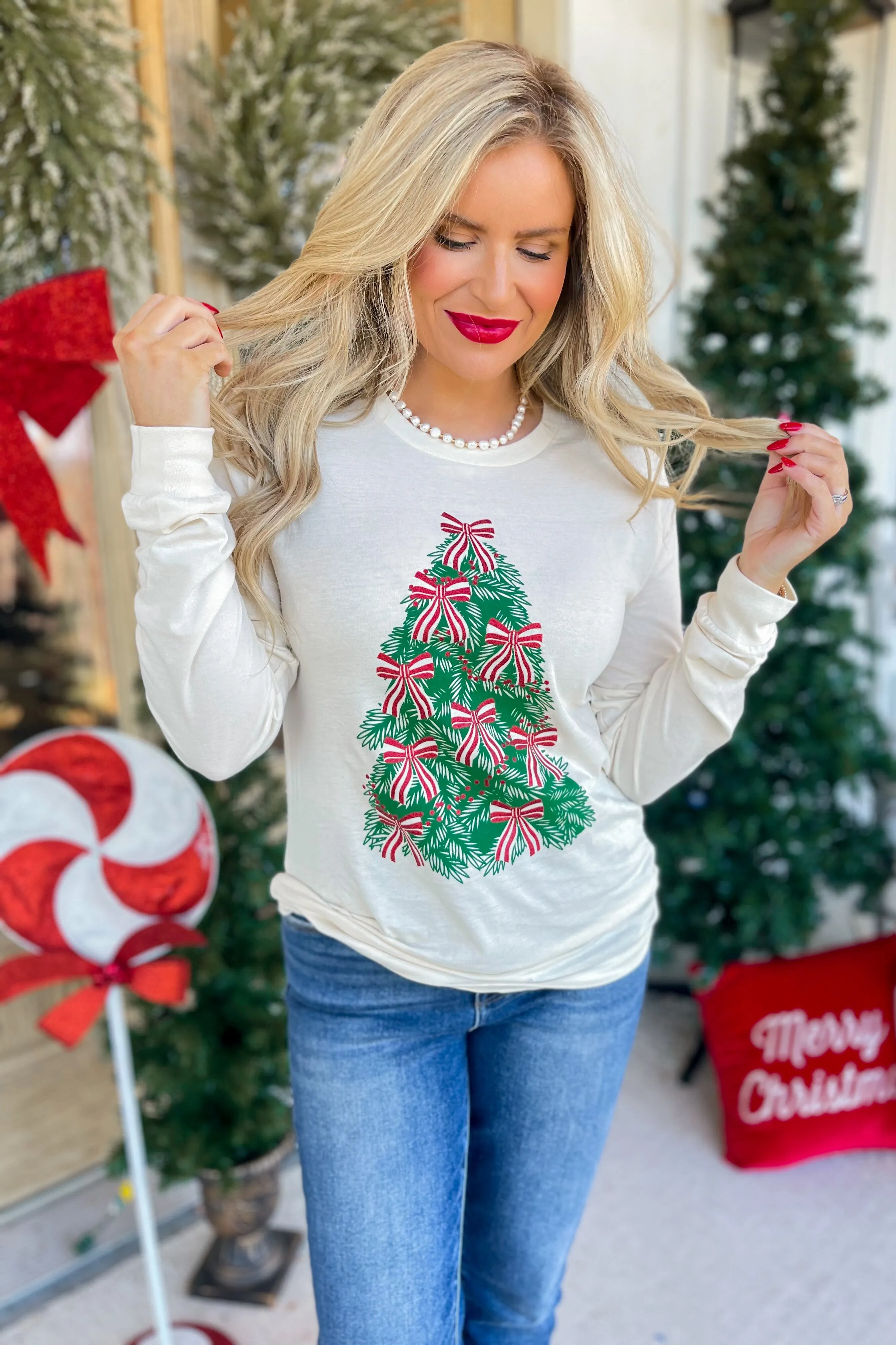 Christmas Tree Bow Long Sleeve Graphic Tee