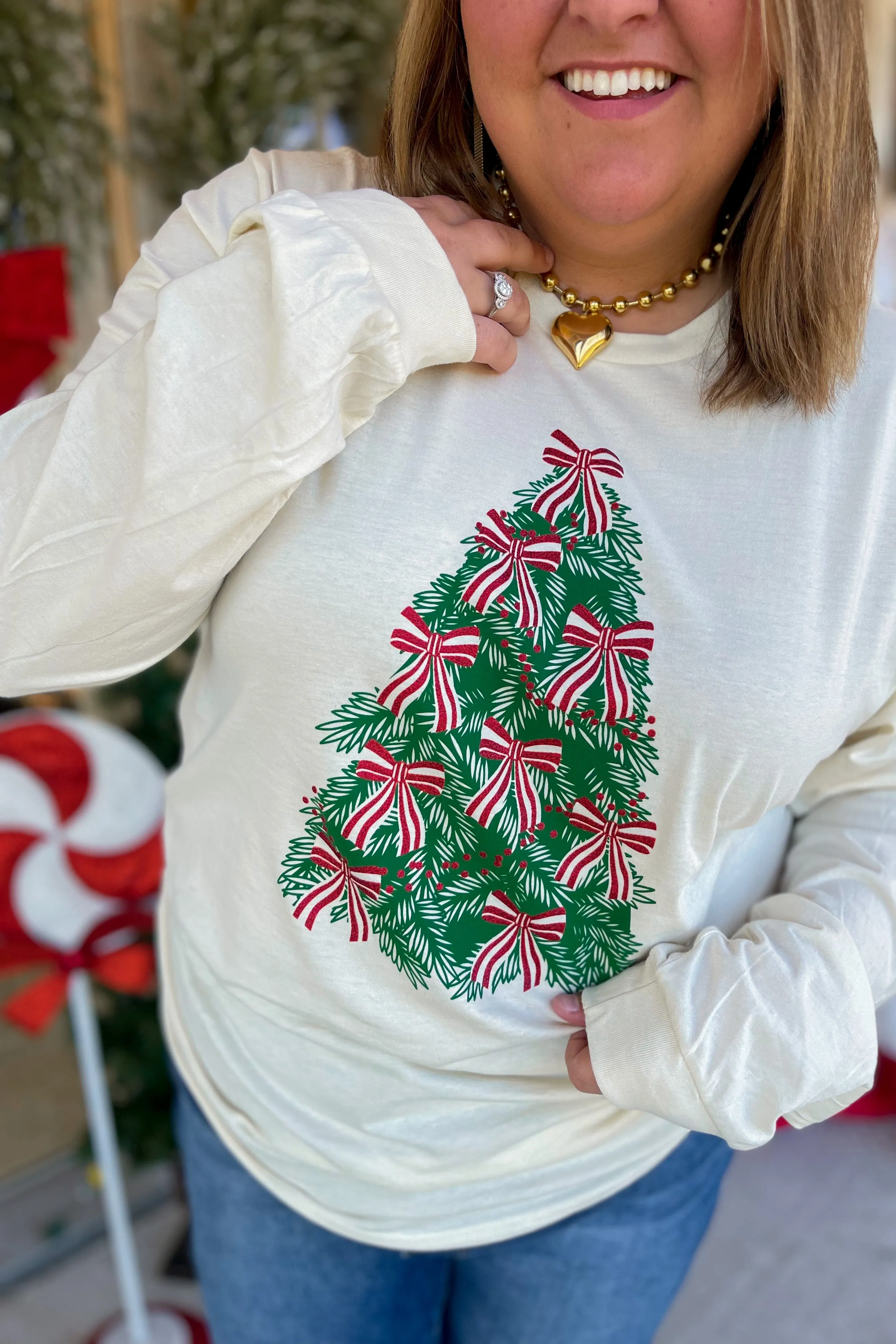 Christmas Tree Bow Long Sleeve Graphic Tee