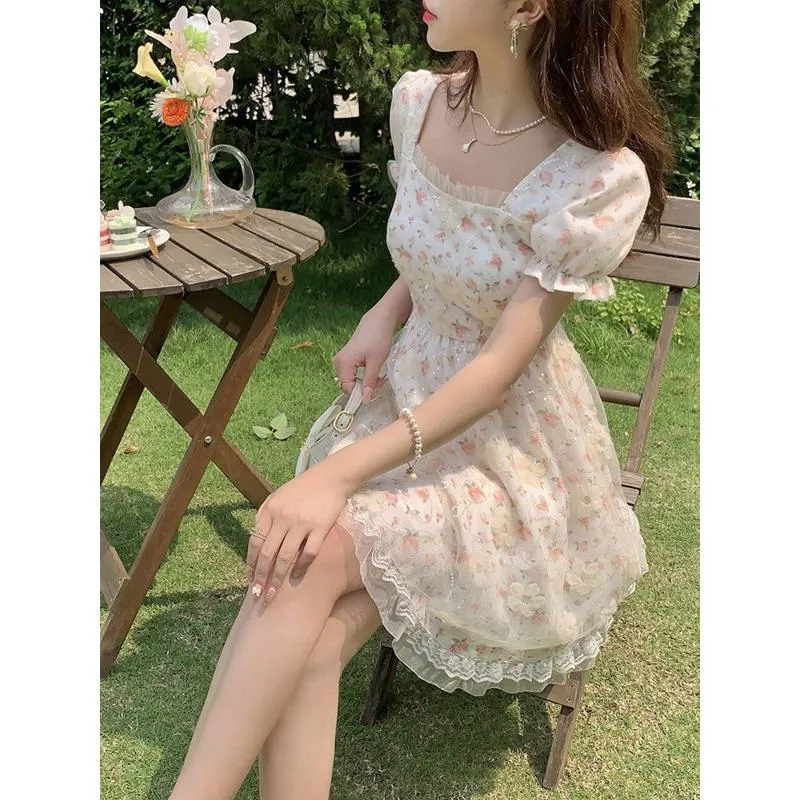 Cinched Waist Lace Slimming Floral Print Gentle Bubble Sleeve Mesh Fairy Dress