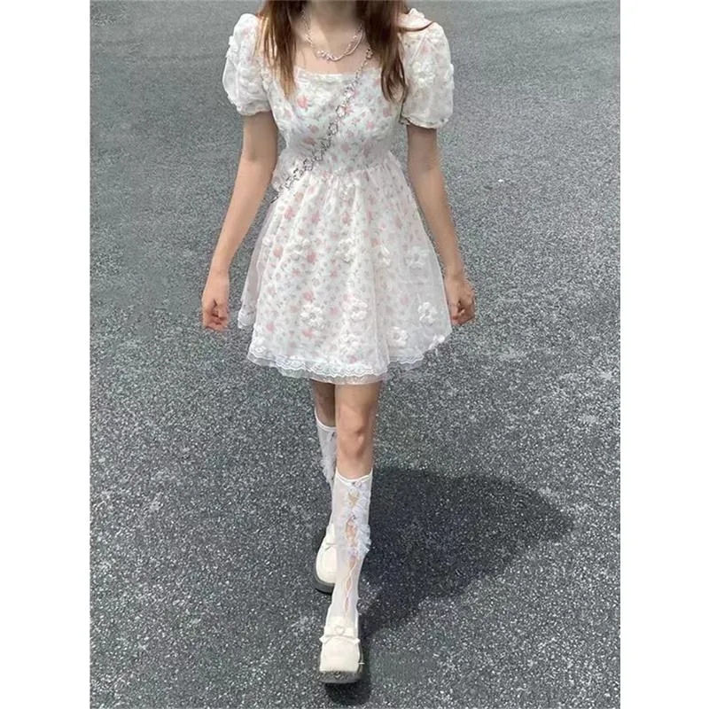 Cinched Waist Lace Slimming Floral Print Gentle Bubble Sleeve Mesh Fairy Dress