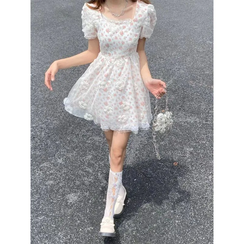 Cinched Waist Lace Slimming Floral Print Gentle Bubble Sleeve Mesh Fairy Dress