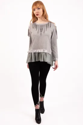 Cold Shoulder Pearl And Diamante Embellished Top with Frills