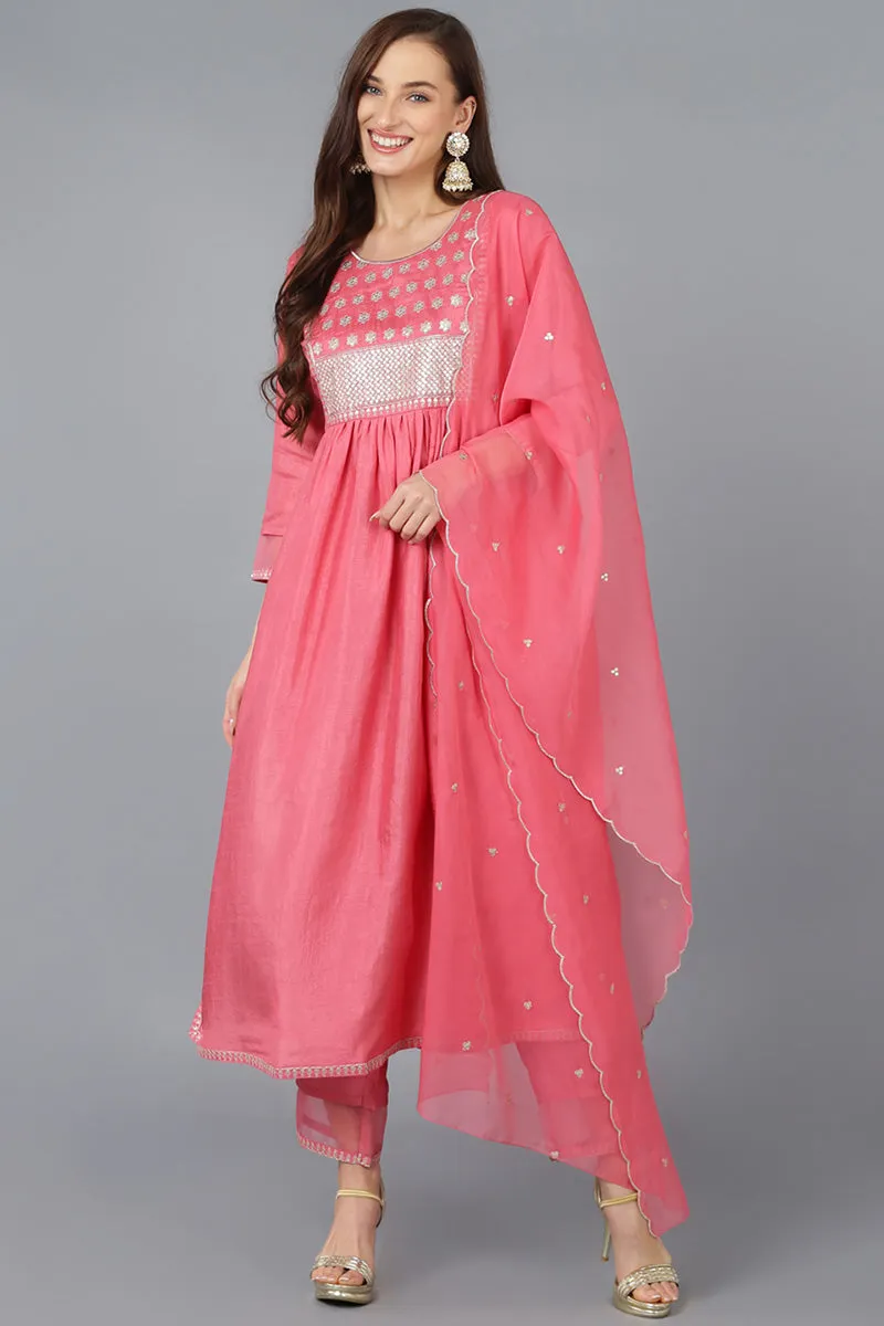 Coral Silk Blend Solid Straight Kurta Trousers With Dupatta