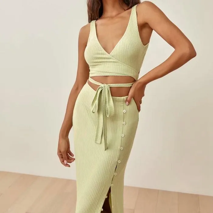 Cross Bandage Women Tank Top High Waist Split Skirt