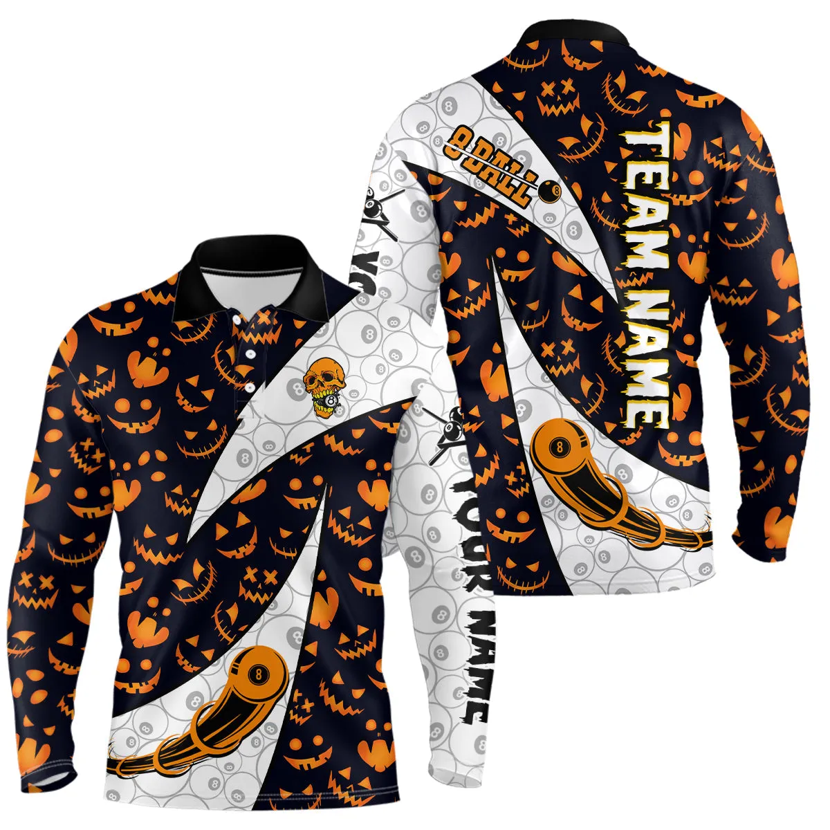 Custom Pumpkin Pattern Halloween Billiard Men's Shirts Best Halloween Polo Shirts