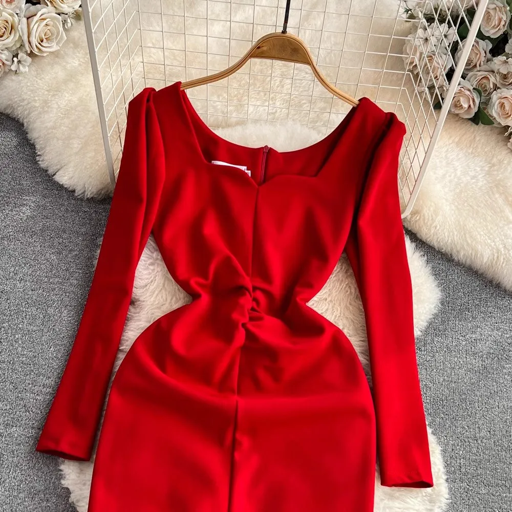 elegant long-sleeved square neck red dress elegant long skirt  S4251