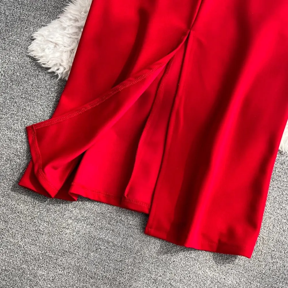 elegant long-sleeved square neck red dress elegant long skirt  S4251