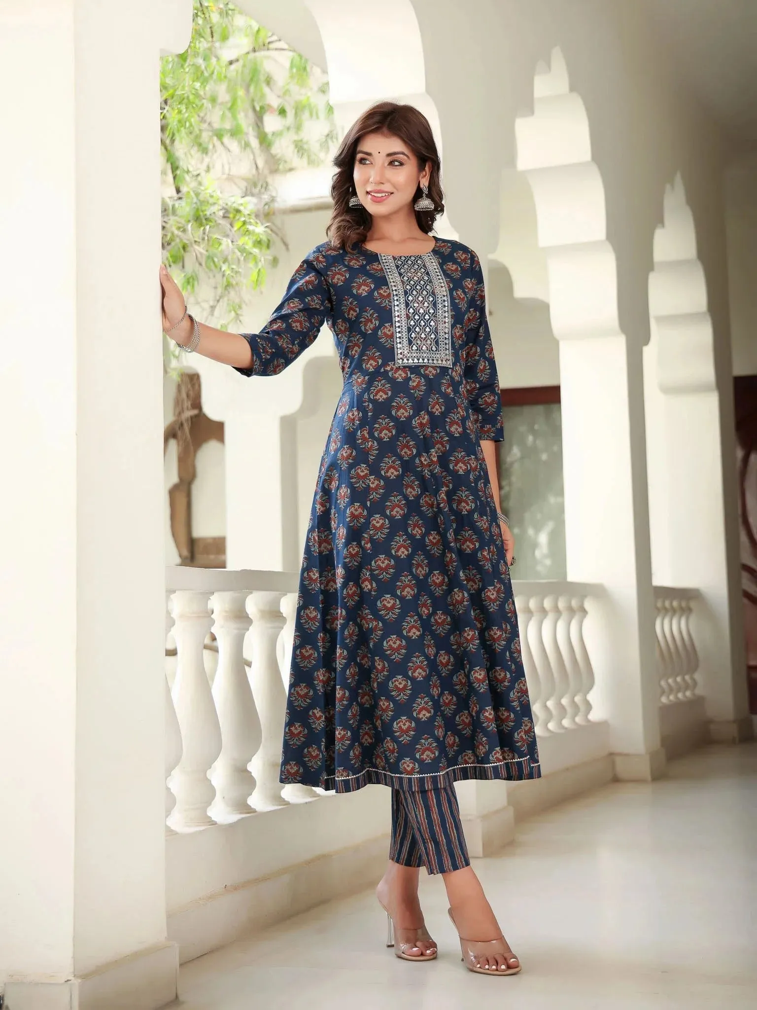 Ethnic Motifs Printed Sequinned Pure Cotton Kurta With Trousers & Dupatta