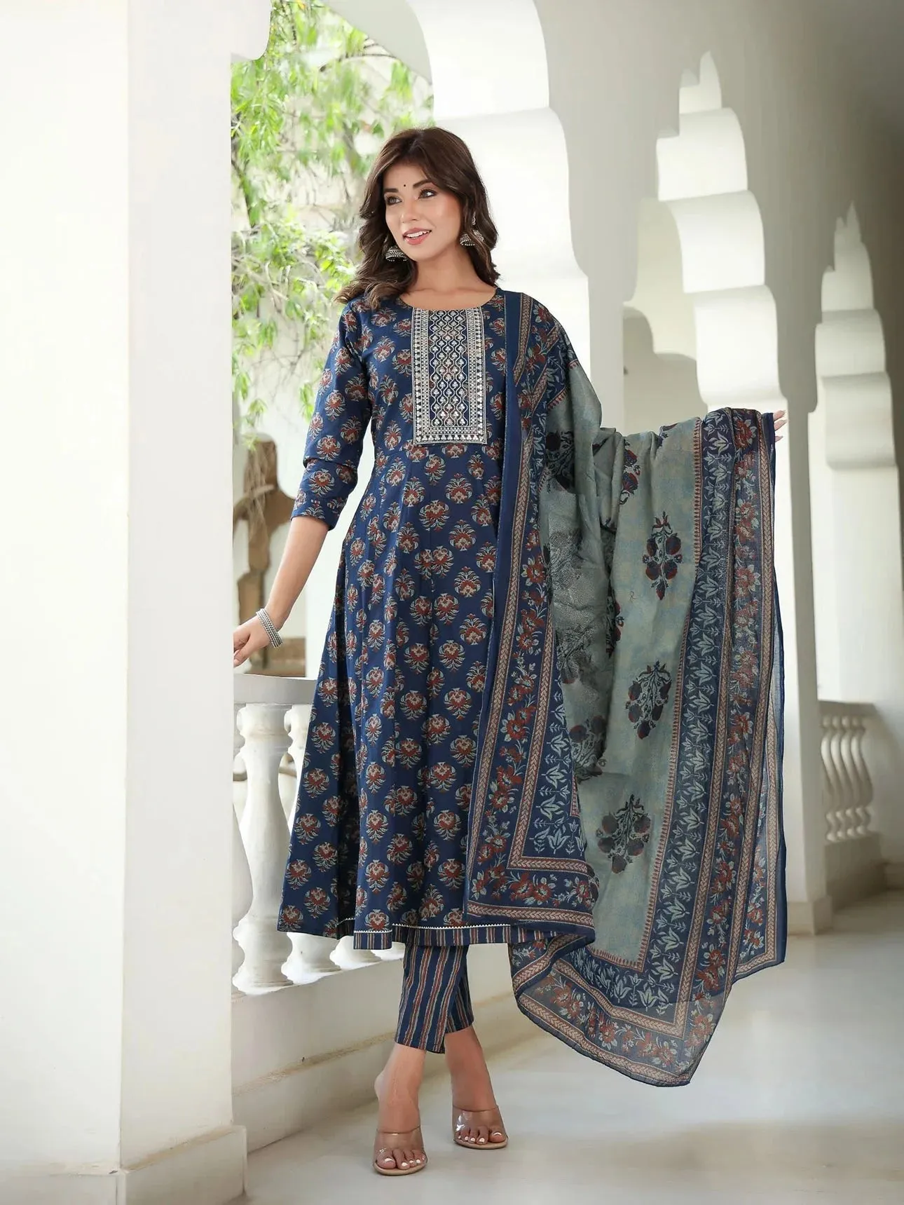 Ethnic Motifs Printed Sequinned Pure Cotton Kurta With Trousers & Dupatta