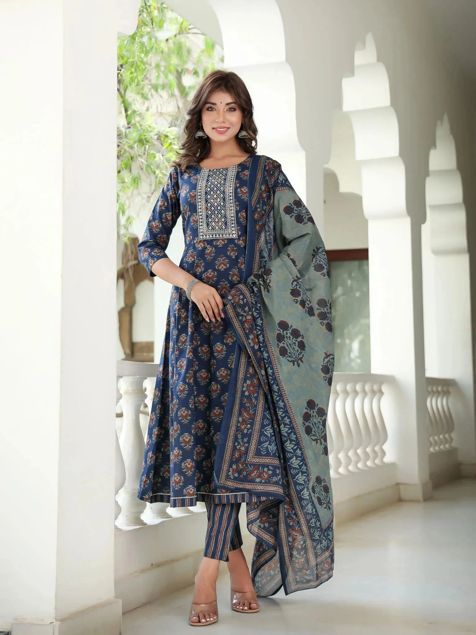 Ethnic Motifs Printed Sequinned Pure Cotton Kurta With Trousers & Dupatta