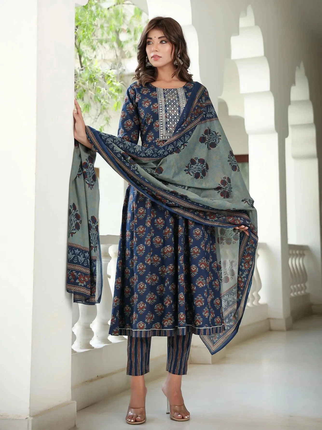 Ethnic Motifs Printed Sequinned Pure Cotton Kurta With Trousers & Dupatta