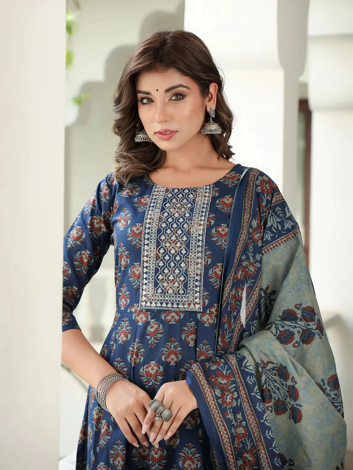 Ethnic Motifs Printed Sequinned Pure Cotton Kurta With Trousers & Dupatta