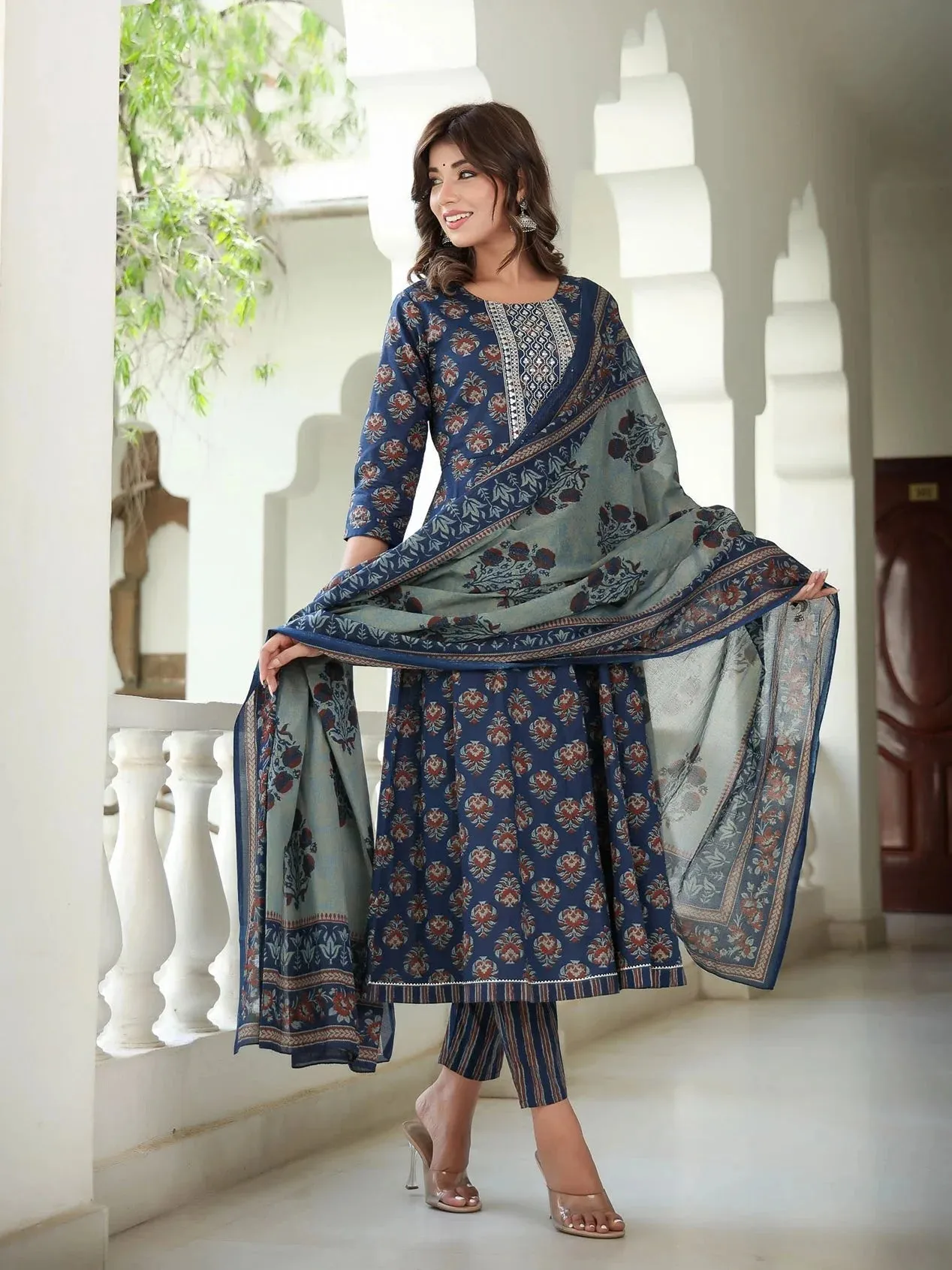 Ethnic Motifs Printed Sequinned Pure Cotton Kurta With Trousers & Dupatta