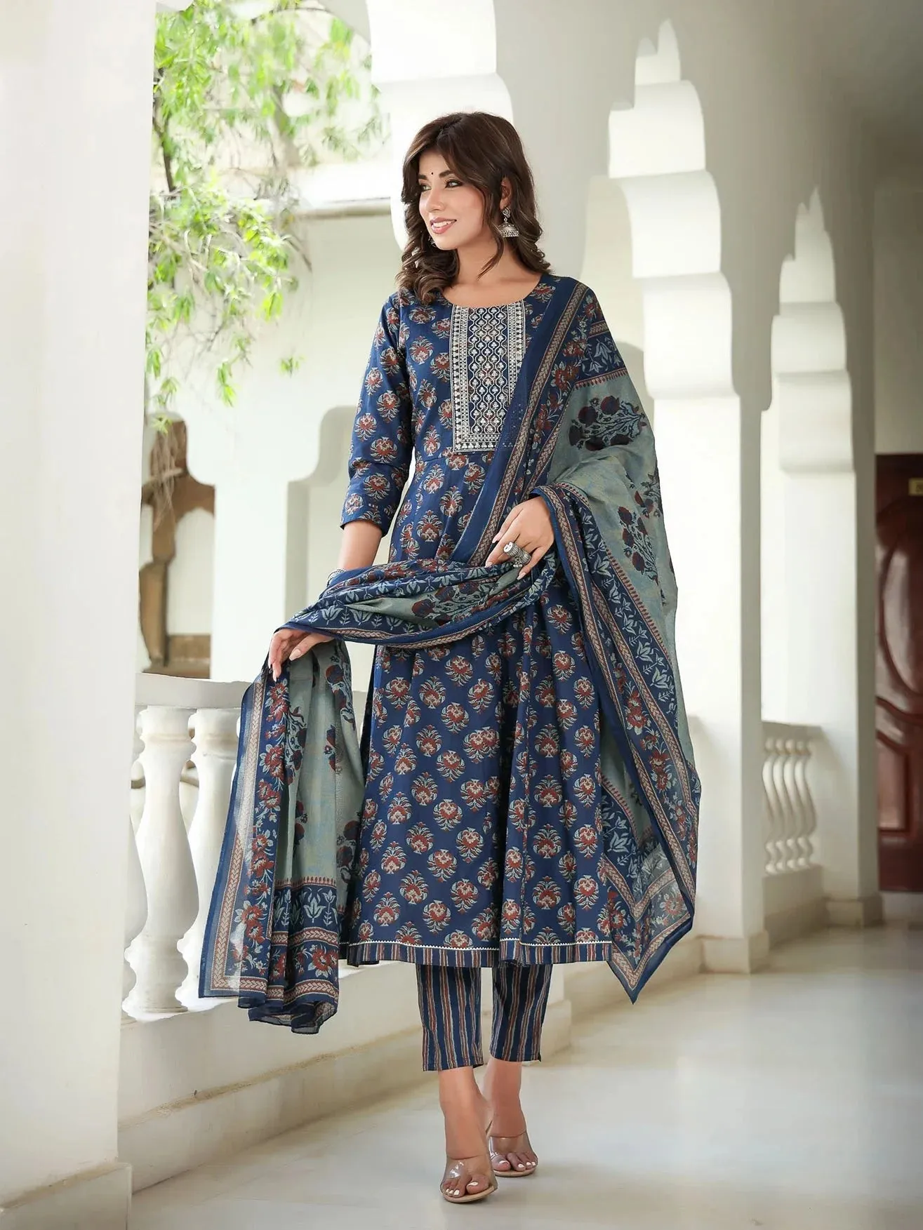 Ethnic Motifs Printed Sequinned Pure Cotton Kurta With Trousers & Dupatta