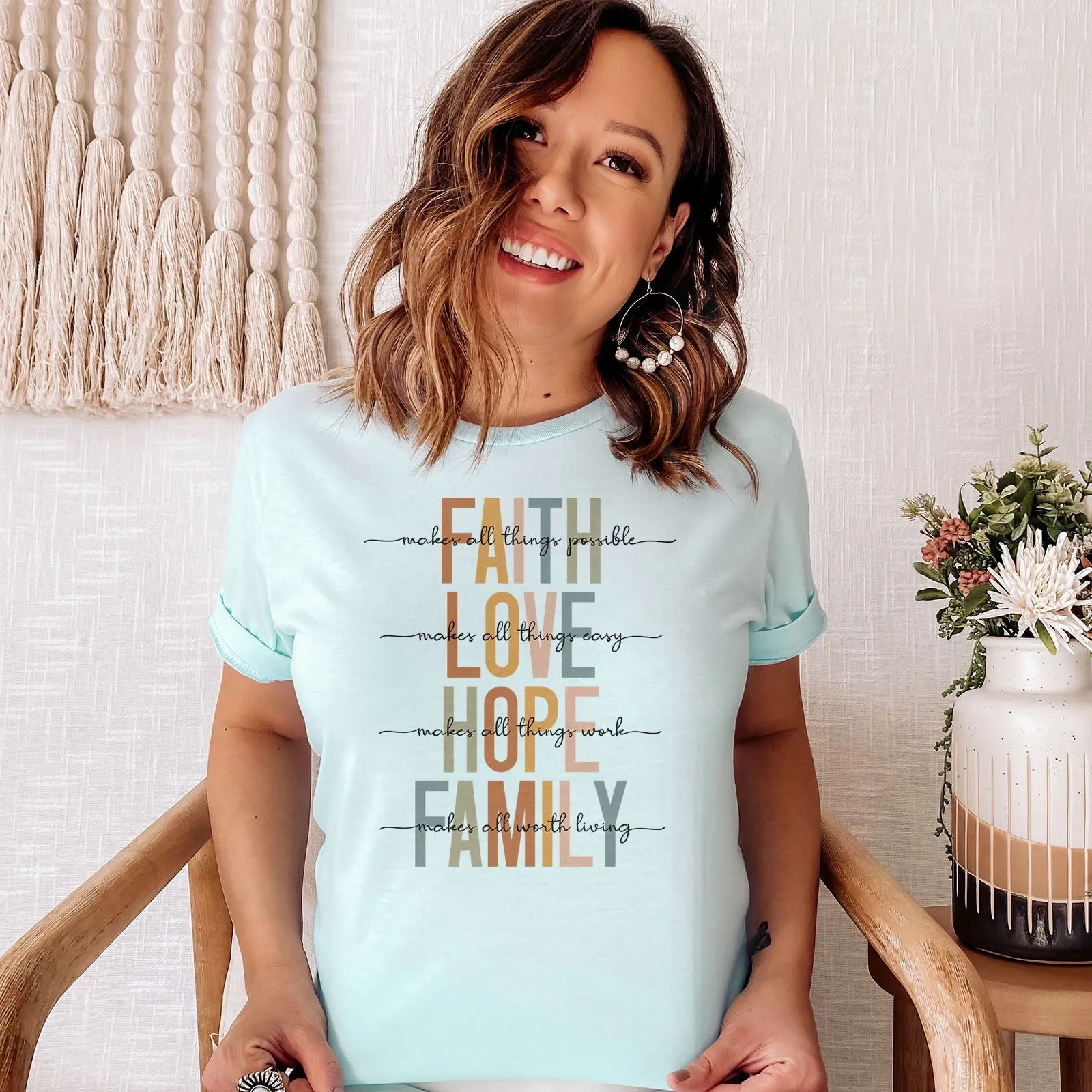 Faith Love Hope Family Tee Shirts For Women - Christian Shirts for Women - Religious Tee Shirts