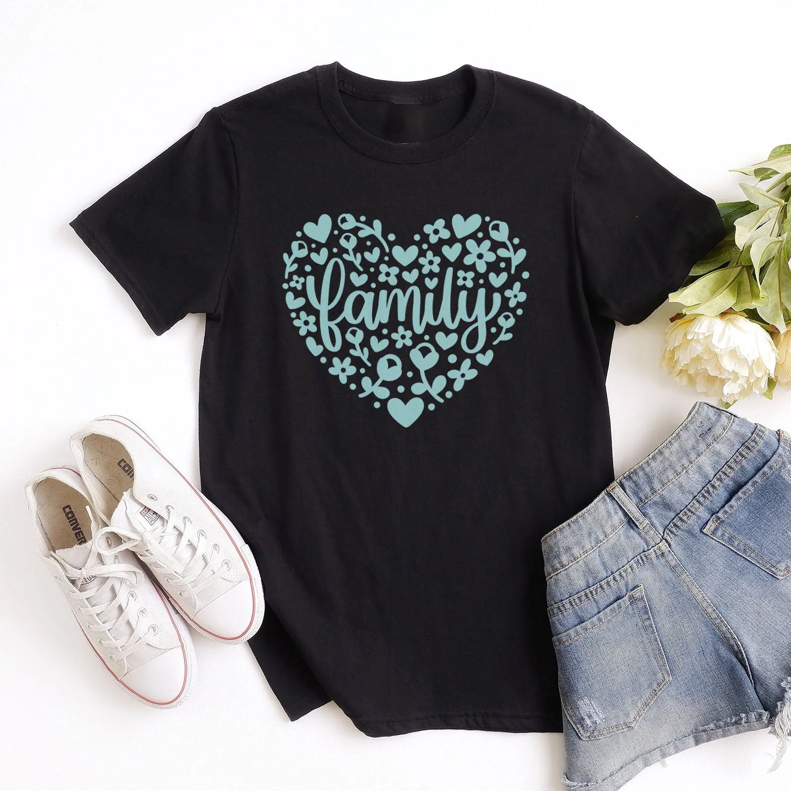 Family Floral Heart Tee Shirts For Women - Christian Shirts for Women - Religious Tee Shirts