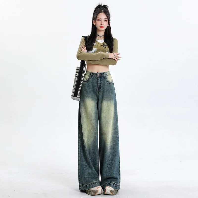 Floor-Length Retro Washed Straight Leg Jeans