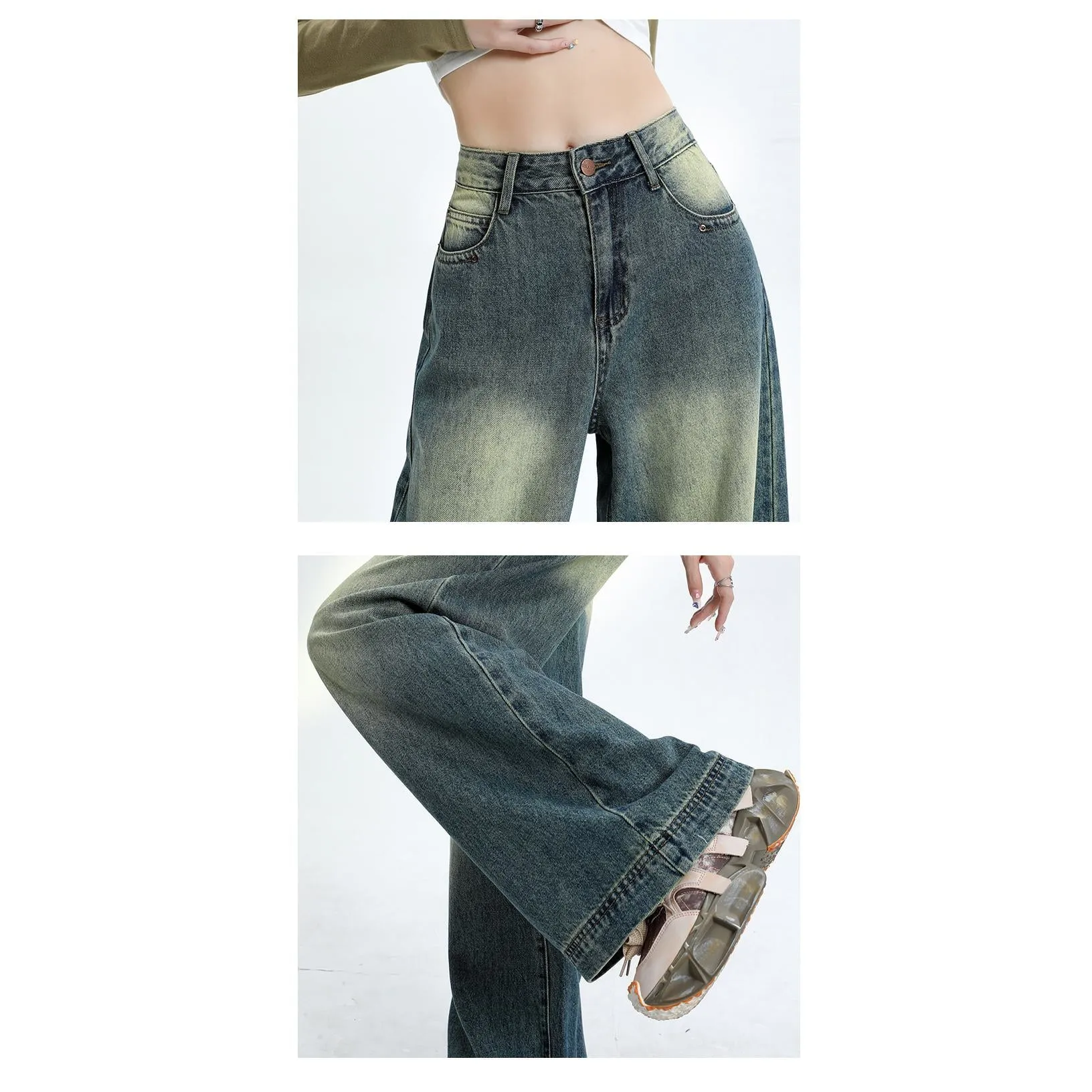 Floor-Length Retro Washed Straight Leg Jeans