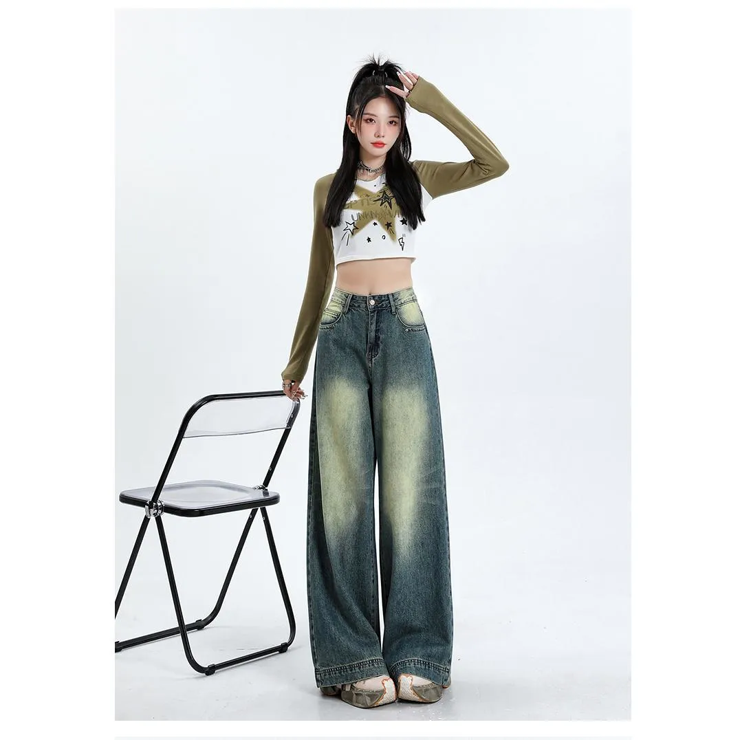 Floor-Length Retro Washed Straight Leg Jeans